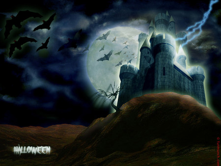 Castle in full moon - bats, halloween, night, lightning, full moon, castle