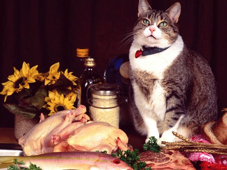 Dinner Time - steak, chickens, vat, table, fish, flowers