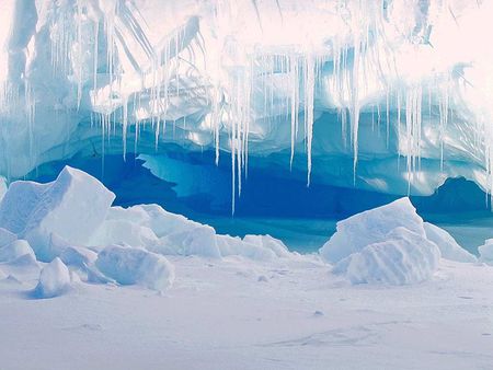 Mountains of Ice - snow, river, winter, icicles, mountains