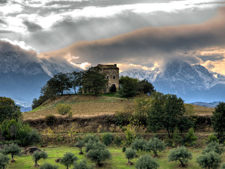 House on the hill - clouds, trees, mountains, old house