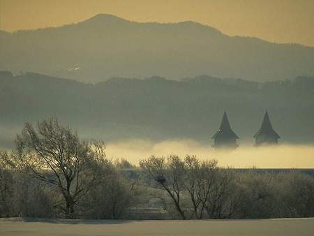 Dusk in Autumn - trees, autumn, mist, foggy, dusk, mountains, sky, building