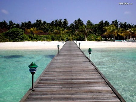 Walk the plank... - beach, lanterns, white sand, island, palms, tropical, wooden bridge