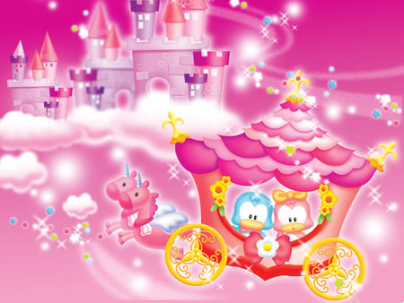 Magic Carriage - sky, penguins, castle, clouds, carriage