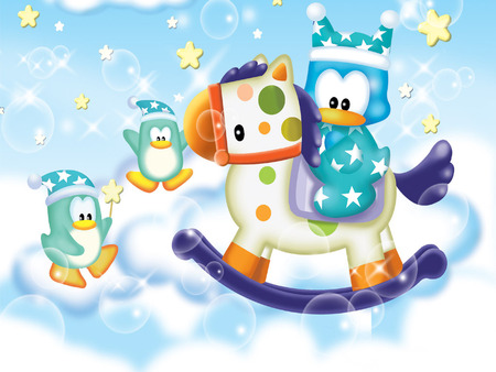 Playtime Penguins - stars, penguins, clouds, rocking horse, bubbles