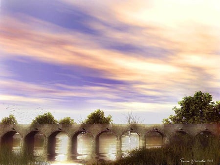 Bridge over troubled waters - lake, trees, arches, wispy clouds, bridge