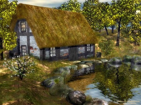 Thatched Cottage - cottage, pond, trees, thatched roof