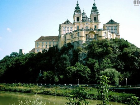 Castle on the hill - river, roadway, forest, mountain, castle