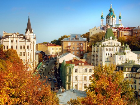 Autumn in the city - temple, autumn colours, city, buildings