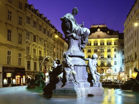 Donnerbrunnen Fountain, Vienna, Austria - fountain, night, city, buildings, austria, lights