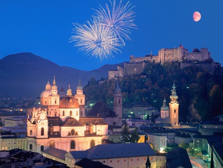 Fireworks in Austria - celebration, mountain, night, buildings, austria, fireworks