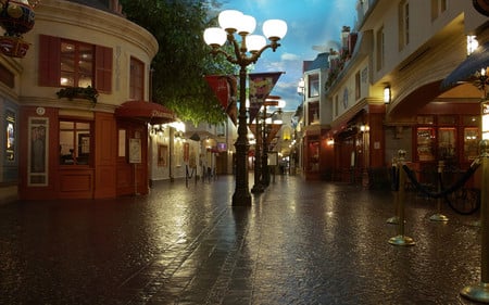 Step back in time - street, lamp posts, shops, city, night