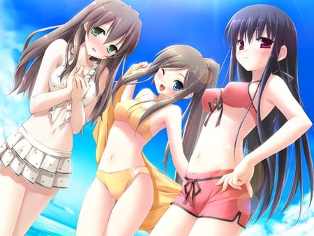 Friends at the Beach - midori, summer, beach, bikini, hinako, rikako, anime girls, natsu no ame