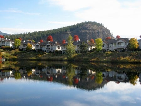 Pinnacle Pond - trees, water, pond, ripples, mountain, homes, maple trees, water reflection, golf