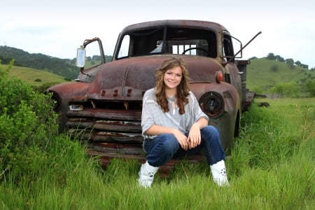 Cowgirl Truck - rusty truck, cowgirl, boots, jeans