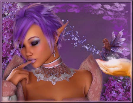 PURPLE ELF - purple, elf, hair, fairy, flowers