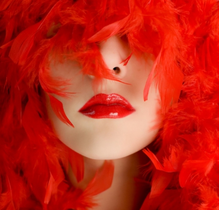 RED ON - face, lips, feathers, female, red