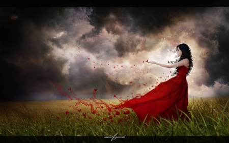 SCARLET FIGMENTS - CLOUDS, DRESS, SKY, POPPIES, BUTTERFLIES, FIELD, SCARLET, FEMALE, RED