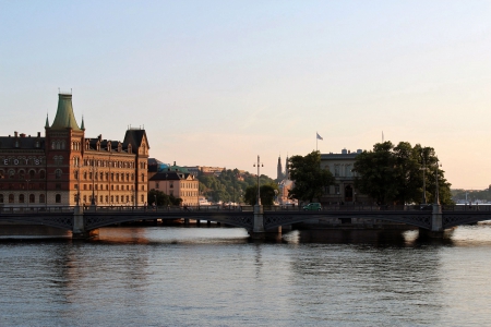 Stockholm - sky, bridge, trees, car