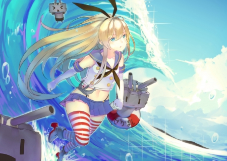 Kantai - Battleship, Kantai Collection, Blonde Hair, Anime Girl, Anime, Ship, Tidal Wave, Long Hair, Wallpaper, Headband, Sea