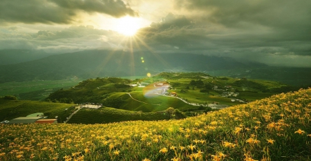 Sunset Lights Over The Valley - clouds, roads, yellow, fields, beautiful, grass, valley, flowers, sunset, green, sky