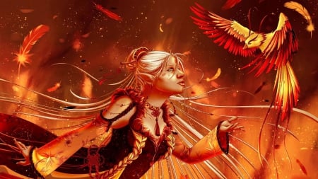 Fire Bird - woman, phoenix, feathers, magic