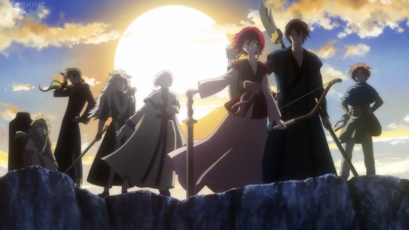 Akatsuki no Yona - pretty, female, scenery, scene, maiden, light, japan, nice, sword, beauty, kimono, yukata, yona, blade, japanese, anime, team, boy, male, group, oriental, sky, gentlemen, sun, anime girl, beautiful, girl, scenic, akatsuki no yona, lovely, sweet, glow, glowing, cloud