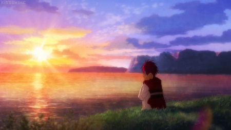 Blush of Dawn - pretty, oceon, sun ray, horizon, anime, female, evening, scene, maiden, grass, sunrise, night, dawn, sunray, view, nice, sky, anime girl, ray, beautiful, girl, sea, akatsuki no yona, beauty, lovely, sweet, yona, sunset, lady, cloud