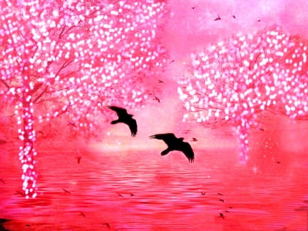 Shimmering Trees - dreams, sparkling, ravens, fantasy, lovely, love four seasons, pretty, beautiful, pink, colors, surreal