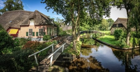 Houses Along a Canal - canals, houses, trees, architecture, landscapes