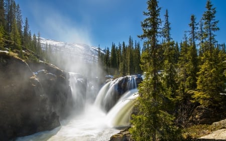 Forest Falls - nature, sky, trees, forest, mountains, waterfall