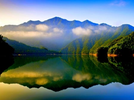 Calm Lake - nature, lake, trees, forest, reflection, clouds, mountains