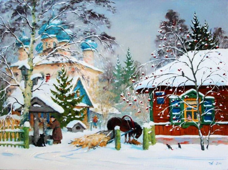 Winter village - winter, beautiful, snow, village, countryside, picture, painting, cold, frost, snowfall, houses, art