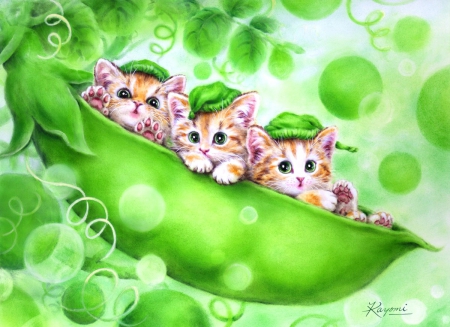 Funny kittens - sweet, leaves, fluffy, kittens, green, painting, bubbles, cute, friends, adorable, art, kitties