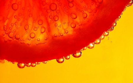 Orange slice - drop, slice, water, yellow, red, fruit, orange, texture