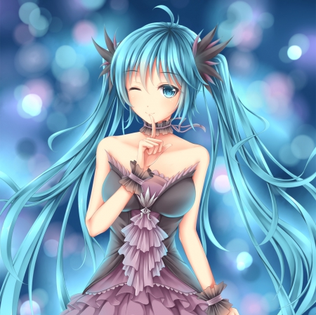 Hatsune Miku - pretty, miku hatsune, twin tail, female, wink, blue hair, nice, blue eyes, gown, beauty, cg, sumblime, cute, vocaloid, anime, blue, kawaii, twintail, dress, hatsune miku, long hair, gorgeous, hd, twin tails, anime girl, twintails, beautiful, girl, lovely, sweet, miku, aqua hair, adorable, hatsune, vocaloids, ue