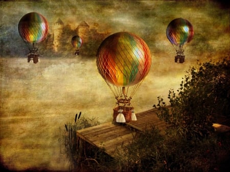 Balloons - wide screen, landscape, balloon, antique, fantasy, painting, art, balloons, artwork, red, scenery, orange, lenabem-anna j, flight, aviation, retro