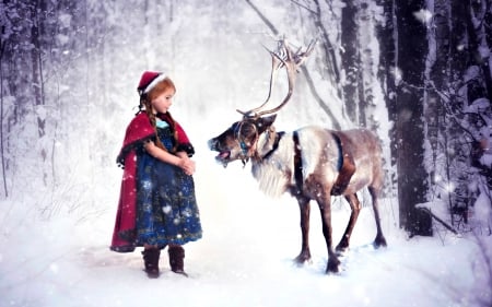 Anna and the reindeer - winter, snow, girl, creative, child, horns, fantasy, frozen, white, animal, red, situation, reindeer, disney