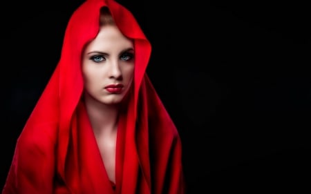 Girl - red, hood, black, model, blue eyes, girl, woman