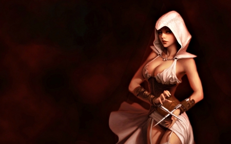 Assassin - woman, assasssin s creed, game, girl, red, hood, fantasy