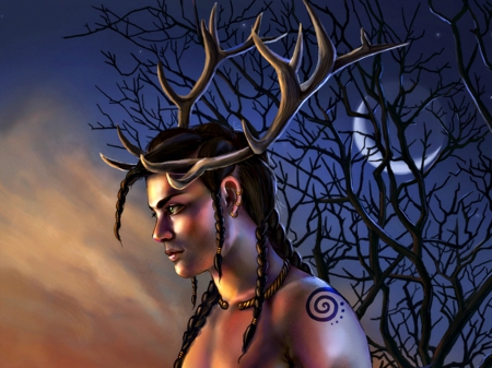 Cernunnos rising - moon, blue, night, man, horns, fantasy, cernunnos rising, art, ceruleanvii