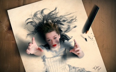 Creative fantasy - fantasy, white, woman, girl, situation, paper, creative, pencil