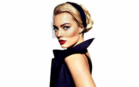 Margot Robbie - veil, girl, blonde, Margot Robbie, jewel, actress, black, white, red, woman, model