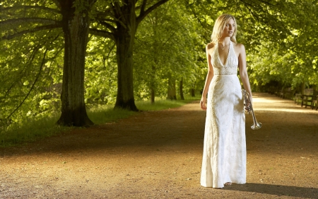 Lady Trumpetist - trumpet, instrument, beauty, beautiful, musician, girl, dress, white, lady, outside, music, nature, woman