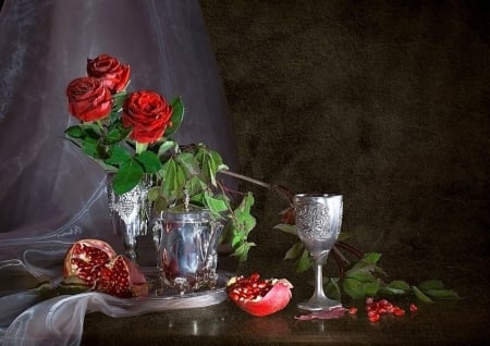 Still Life - pomegranates, still life, roses, beautiful