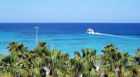 Mallorca - horizon, ocean, photography, summer, palmtree, nature, blue, island, tree, boat