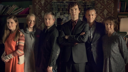 Sherlock Cast - lestrade, molly, sherlock, mary, john, mrshudson