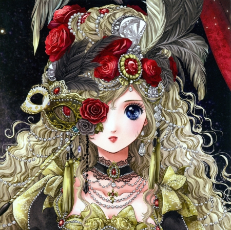 Mask - nice, beauty, mask, female, blond, anime girl, rose, face, blond hair, pretty, blonde hair, anime, feather, maiden, lady, girl, long hair, lovely, cg, hd, beautiful, sweet, blonde, red rose, flower