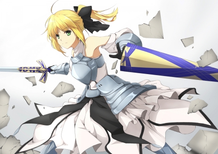 Saber Lily - nice, saber, beauty, female, knight, blond, simple, anime girl, blade, armor, white, blond hair, pretty, blonde hair, anime, sword, girl, long hair, lovely, fate stay night, saber lily, plain, beautiful, sweet, dress, blonde