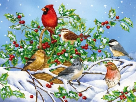 Winter birds - snowfall, branch, paintng, winter, snowflakes, cardinals, art, pretty, frost, snow, beautiful, friends, snowing, cute, birds