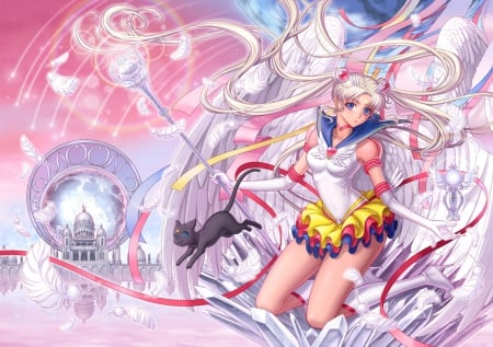 Sailor Moon - pretty, magic, twin tail, female, wing, angel, sailor moon, weapon, nice, luna, silver hair, sailormoon, hot, beauty, feather, wings, sexy, wand, anime, twintail, long hair, rod, kitten, castle, twin tails, anime girl, twintails, beautiful, staff, palace, girl, lovely, sweet, cat, magical girl, kitty